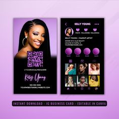 a purple and black business card with images of women in the background, including an image of a woman's face