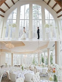 the bride and groom are standing in front of large windows at their wedding reception venue