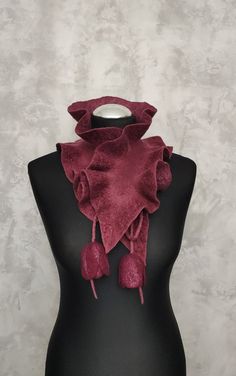 Felted wool burgundy scarf ruffle, Woolen wavy collar scarf with flowers tulips, Felt reversible lightweight floral scarf, Best gift for women This felted floral scarf with ruffle made from soft merino wool using wet felting techniquein. This felted scarf collar decorated with fiber silk and viscose. The felted scarf ruffle is very lightweight and soft. This is a reversible wool scarf ruffle - a wavy scarf that has tulip flower ties. This felt ruffle collar will complete your look. And also can Elegant Red Scarves For Winter, Elegant Red Scarf For Winter, Elegant Red Winter Scarf, Handmade Red Scarf For Fall, Handmade Red Scarves For Fall, Handmade Scarves For Fall Gift, Elegant Red Scarf For Fall, Elegant Fall Scarves For Gifts, Elegant Fall Scarves As Gifts