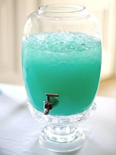 Ocean Punch - mix I pkg Blue Raspberry unsweetened kool-aid powder, 3/4 cups sugar, 2 quarts water, 10 oz Pina Colada Mix, & 2 liters of sprite Blue Hawaiian Punch, Blue Punch, Tiffany Party, Under The Sea Birthday Party, Sea Birthday Party, Under The Sea Birthday, Sweet 16 Ideas, Sweet 16 Birthday Party, Bubble Guppies