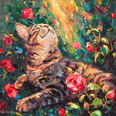 a painting of a cat laying in the grass with red roses around it and sunlight coming through its eyes