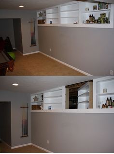 two pictures of the inside of a house with shelves and cabinets on each side of the room