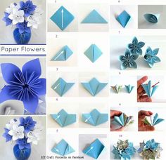 instructions to make paper flowers in blue and white