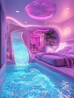 a bedroom with a bed and a water slide in the middle that is lit up