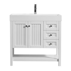 a white bathroom vanity with drawers and a sink on it's side, isolated against a white background