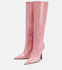 Patent Leather Knee High Boots in Pink - Blumarine | Mytheresa Trendy Patent Leather Knee-high Boots With Pointed Toe, Chic Pink Knee-high Heeled Boots, Formal Pink Pointed Toe Heeled Boots, Elegant Pink Fitted Heeled Boots, Luxury Pink Pointed Toe Boots, Chic Pink Heeled Boots For Formal Occasions, Pink Pointed Toe Heeled Boots For Formal Occasions, Fitted Patent Leather Knee-high Boots With Pointed Toe, Chic Pink Knee-high Boots