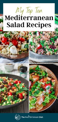 4 pictures of salads in bowls Mediterranean Salads Greek, Salad Mediterranean Recipes, Best Greek Side Dishes, Medatrainian Salad Recipes, Mediterranean Side Dishes Healthy, Mediterranean Salad With Chicken, Mediterranean Diet Recipes Side Dishes, Meteranian Salad, Mediterranean Salad Recipes Healthy