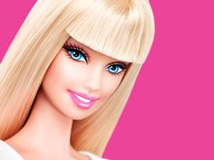 a barbie doll with long blonde hair and blue eyes on a pink background is smiling at the camera