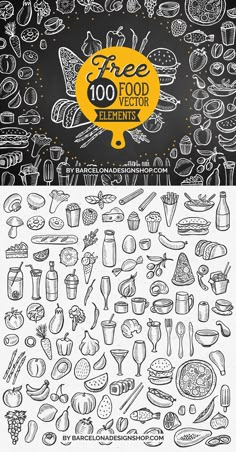 a collection of hand drawn food and drink icons in black and white, with the words free