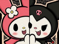 two cartoon characters hugging each other on a black and pink background with flowers in the corner