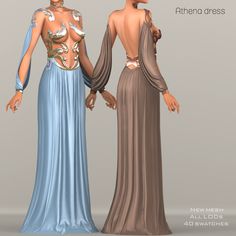 two women in evening dresses standing next to each other