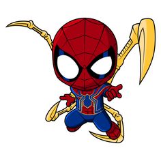 a cartoon spider man flying through the air with his arms out and two swords in hand