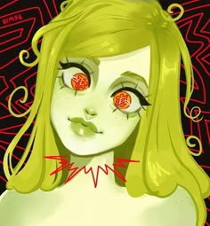 a drawing of a girl with red eyes and green hair, has long blonde hair