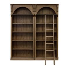 an open bookcase with ladders on the front and bottom shelves, against a white background