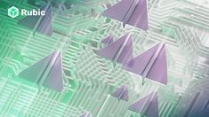 an abstract background with purple and green shapes in the shape of paper airplanes on top of each other