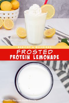 a glass of frosted protein lemonade next to some lemons