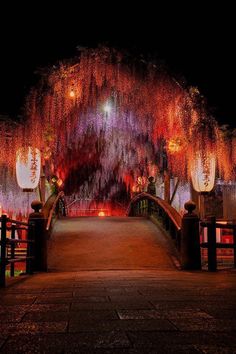 a bridge with lanterns hanging from it's sides and trees in the background at night