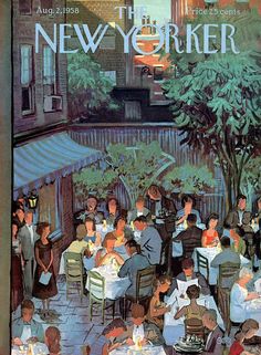 a painting of people sitting at tables in an outdoor restaurant with the words new york written on it