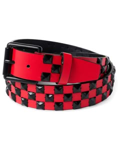 Add major style to any outfit when you put on this black and red checkered pyramid studded belt! This accessory goes with looks for day or night and is sure to garner you plenty of compliments. Exclusively at Spencer's Adjustable Buckle closure Length: 44" Material: Polyurethane Care: Spot clean Spot clean Red Emo Jewelry For Party, Red Scene Outfits, Red Emo Accessories, Scene Belt, Y2k Studded Belt, Black And Red Checkered, Red Studded Belt, Cute Wolf Drawings, Emo Accessories