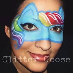 My Little Pony Rainbow Dash face painting by Glitter Goose. Pony Face Paint, Mime Face Paint, Animal Face Paintings, Kids Face Painting, Christmas Face Painting, Face Painting Easy