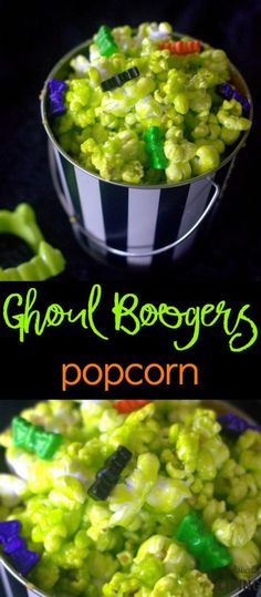 a bowl full of green popcorn with the words ghost booger's on it