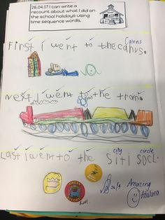 a child's drawing of a train with words written on the front and back