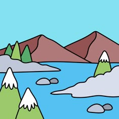 an image of a mountain lake with snow on the ground and mountains in the background