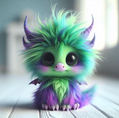 a small green and purple furry animal sitting on top of a wooden floor