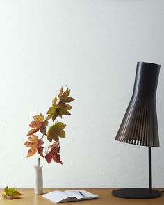 a table with a book and a lamp on it next to a vase with leaves