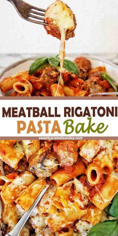 Fork holding meatball above bowl of pasta. There is text written between 2 images. Meatball Rigatoni Bake, Rigatoni Casserole Recipes, Meatball Rigatoni, Rigatoni With Meatballs, Easy Dinner Recipes With Meatballs, One Pot Pasta And Meatballs, Rigatoni Meatball Bake, Vodka Sauce And Meatballs, Rigatoni Pasta Bake