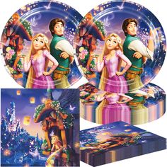 the princess and the frog paper plates are shown in front of an image of rapp,