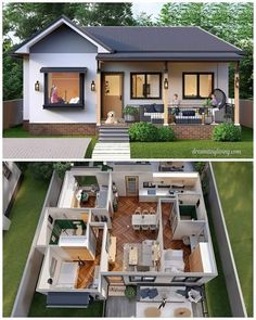 two pictures of the same house in different stages of construction, and one shows an open floor plan