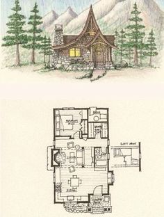 two drawings of small houses in the woods, one has a cabin and the other has a