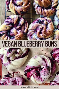 vegan blueberry buns on a cooling rack with the words vegan blueberry buns above them