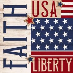 a wooden sign with stars and the words liberty written in red, white, and blue