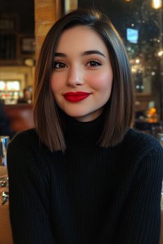 Woman with a bob haircut and bright red lipstick smiling while seated in a cozy restaurant. Shoulder Length Hair Brunette, Bob Hairstyles Women, Medium Bob Hair, Rounded Bob, Short Hair Inspo, Sleek Short Hair, Peinados Hair Styles, Black Bob, Dark Hair With Highlights