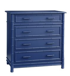 a blue dresser with bamboo handles and drawers