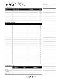 a printable financial tracker with the words finance tracker written in black and white on it