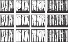 six black and white silhouettes of trees with animals in the woods, set of nine