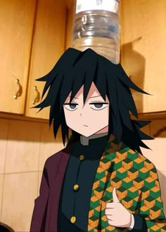 an anime character with long black hair and green eyes holding a bottle in his hand