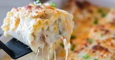 a close up of a person holding a piece of lasagna