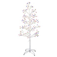 a white christmas tree with multicolored balls on it's branches and stand