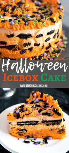 a halloween icebox cake with sprinkles on it and the title overlay reads, halloween icebox cake