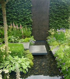 a garden with lots of plants and water in the center, surrounded by greenery