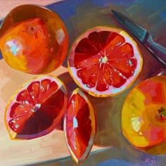 an oil painting of grapefruits cut in half and ready to be eaten