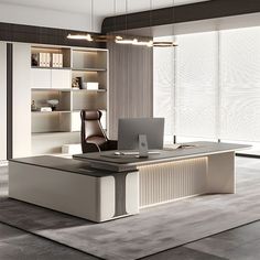 an office desk with a laptop on it in front of a bookcase and shelves