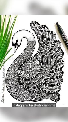 a drawing of a swan with intricate patterns on it's body and feathers, next to some green grass