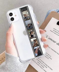 a person holding an iphone case that has photos on it