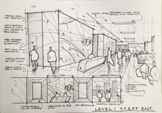 a drawing of people walking through a building