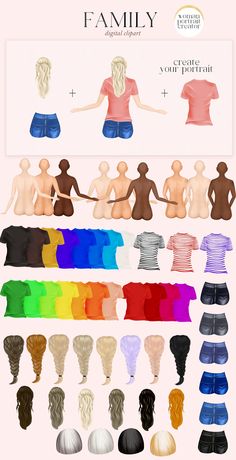 an image of different types of hair and clothes for the doll maker's life